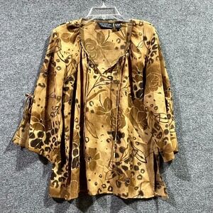 Vintage New York City Design Co Blouse Top Womens Medium Brown Floral Tie Neck.